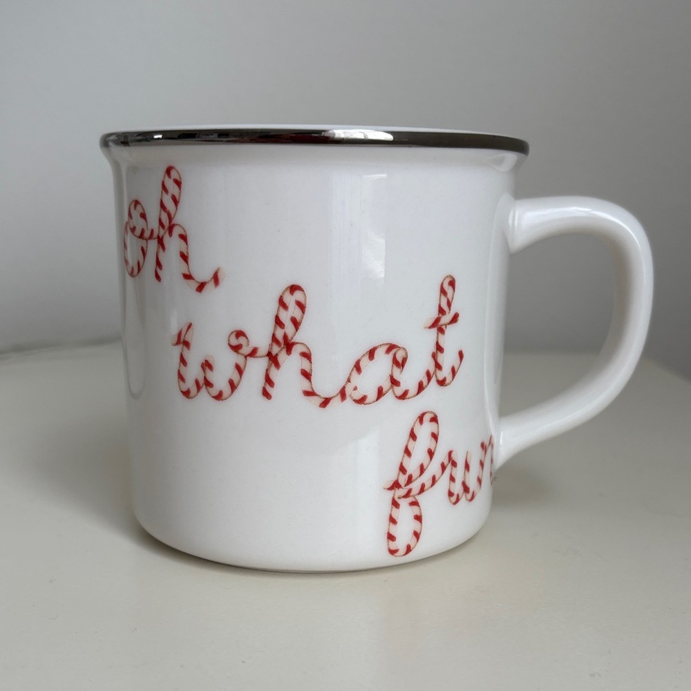 Pottery Barn Christmas Coffee Mug Oh What Fun white silver candy cane Hot Cocoa